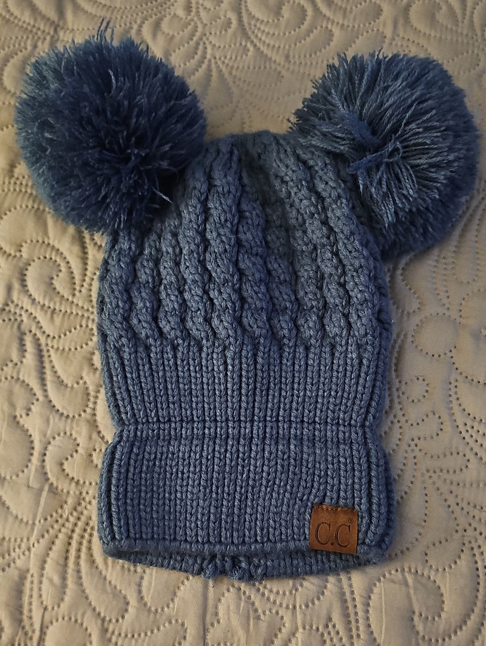 C.C 2 Ear Pom Pom Cable Knit Beanie Hat in Dark Denim/Smoky Blue